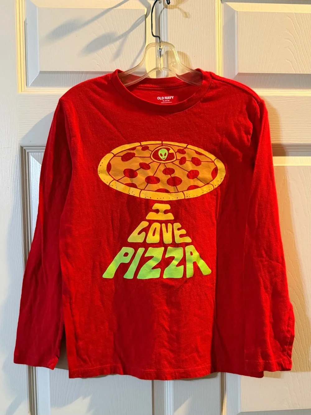 Old Navy Red Long-Sleeve Tee with Yellow & Green Pizza Graphic